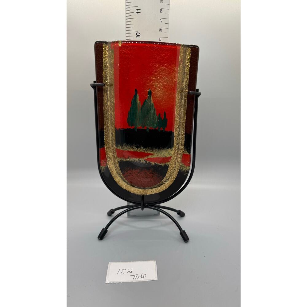 Vintage Jasmine Art Glass Vase in Metal Stand Black Gold Red Green Trees Vibrant - Picture 7 of 13